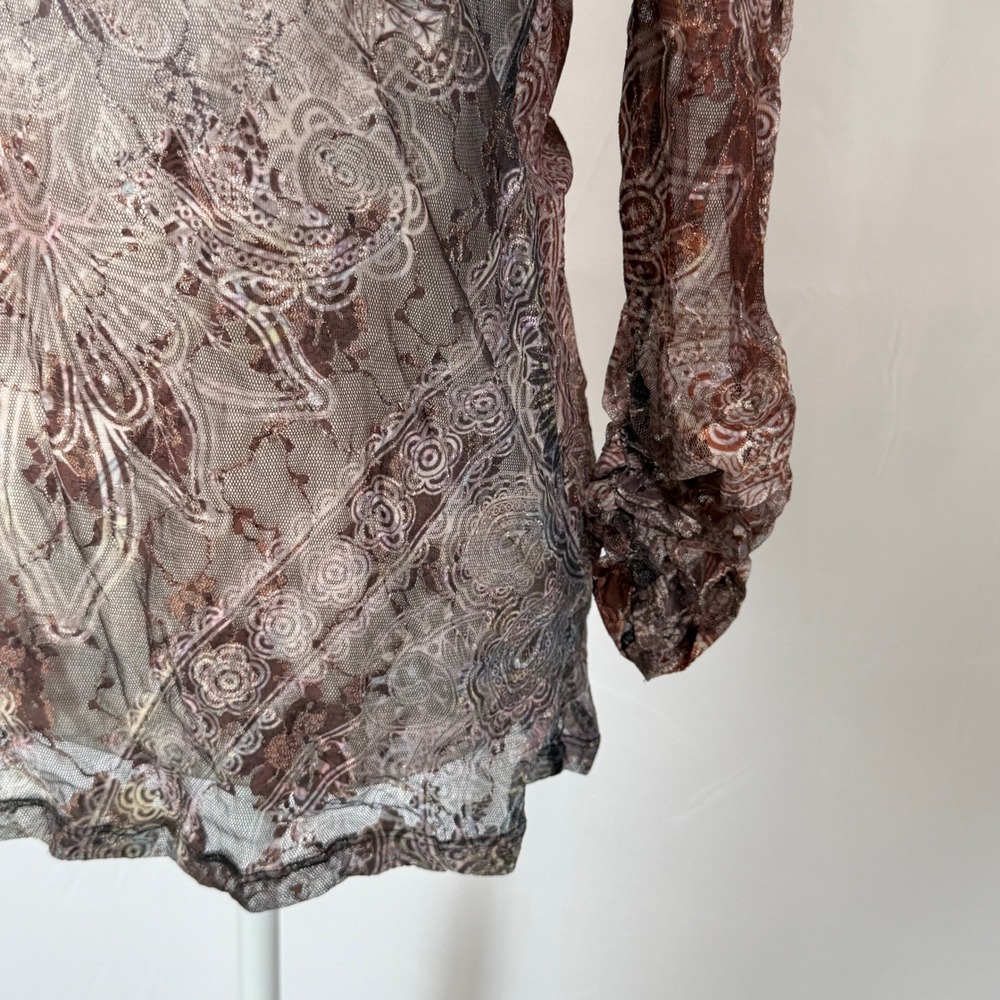 Boho Festival Western Womens Brown Paisley Mesh Rhinestone Long Sleeve Top Y2K M - Picture 4 of 9